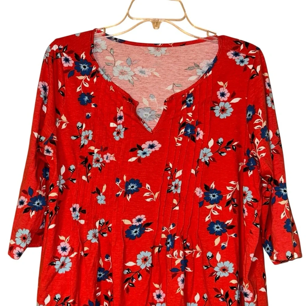 Woman‎ Within Red Floral Pleated Blouse Top Size 14/16 3/4 Sleeve Cottagecore - Picture 3 of 9